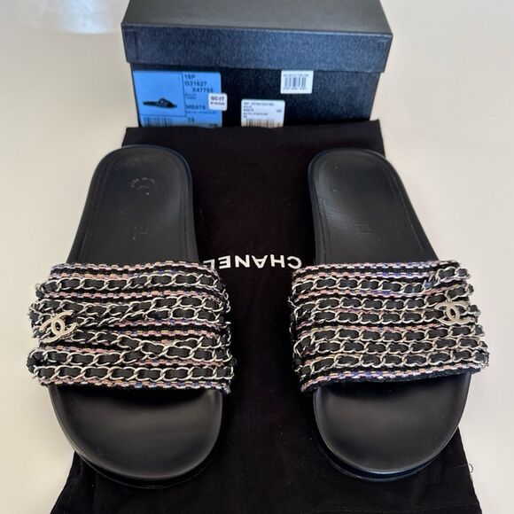 Chanel Tweed Lambskin Chain CC Logo Flat Sandals EU 39 US 9 Black Mules Shoes - Picture 1 of 11